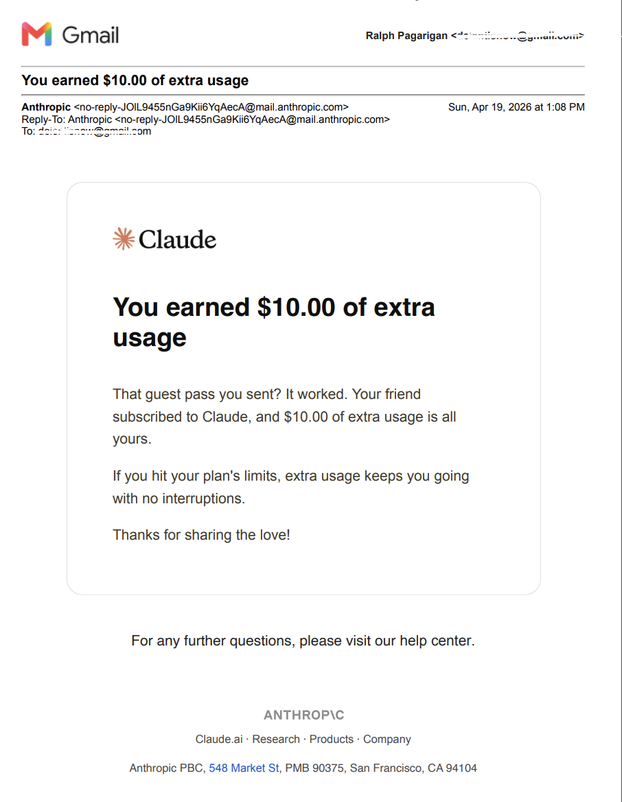 Anthropic email confirming Carl subscribed to Claude after using a guest pass