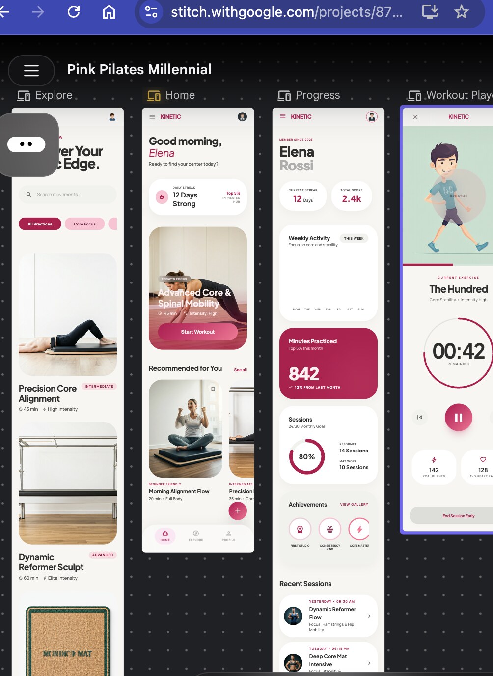Pilates app UI designed by an attendee using Google Stitch